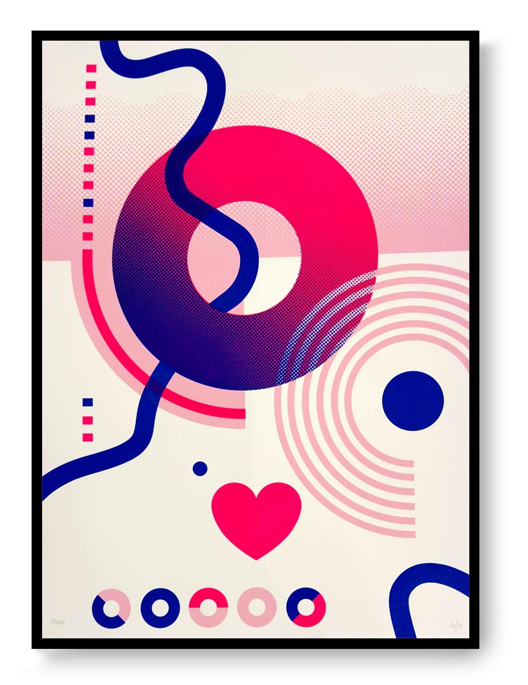Limited edition Circles & Hearts screen print by PLUMO, 50x70 cm hand-pulled silkscreen on 300g art paper featuring bold geometric circles, halftone gradients, flowing black lines and heart motif in vibrant red, pink and blue colour variations, modern contemporary wall art for design interiors in Belgium and Europe.