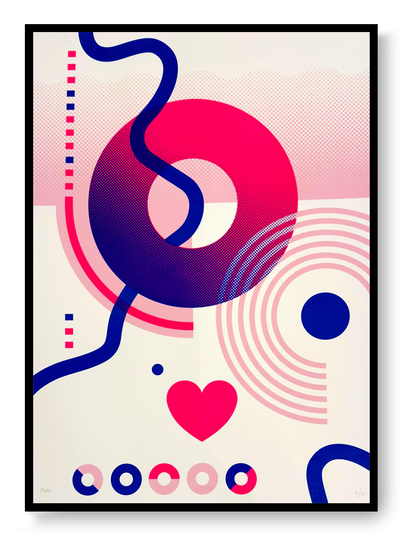 Limited edition Circles & Hearts screen print by PLUMO, 50x70 cm hand-pulled silkscreen on 300g art paper featuring bold geometric circles, halftone gradients, flowing black lines and heart motif in vibrant red, pink and blue colour variations, modern contemporary wall art for design interiors in Belgium and Europe.