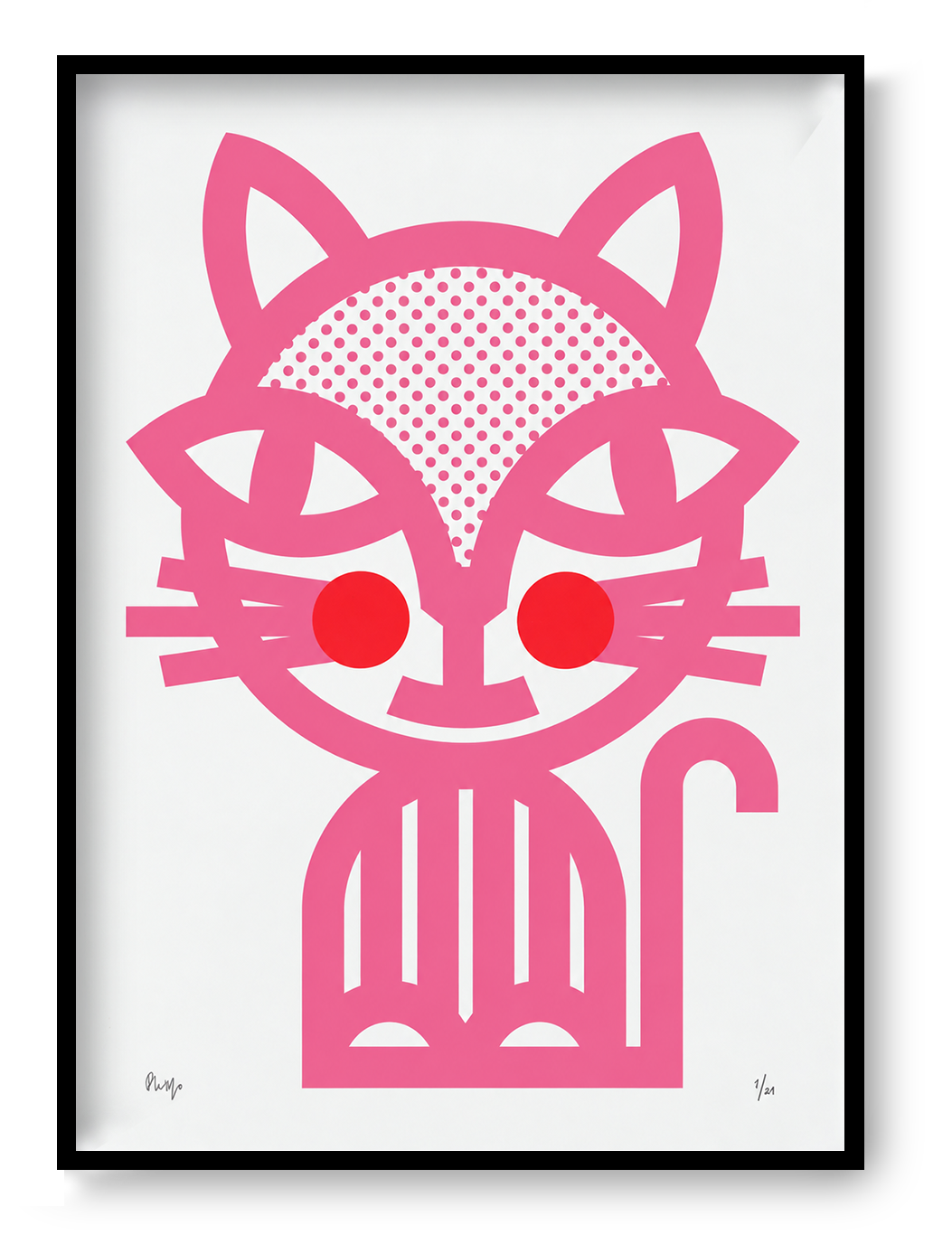 Pink Cat by PLUMO, vertical A3 hand-pulled screenprint featuring a graphic black cat with dotted details and bright red cheeks, bold wall art for modern home decor.