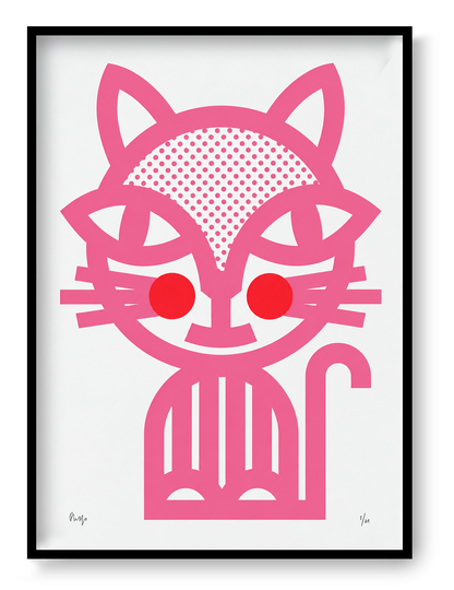 Pink Cat by PLUMO, vertical A3 hand-pulled screenprint featuring a graphic black cat with dotted details and bright red cheeks, bold wall art for modern home decor.