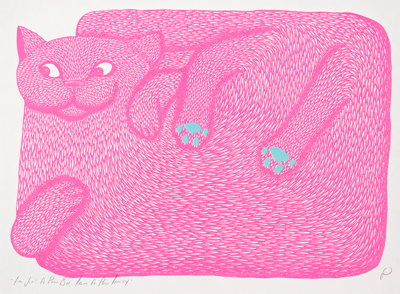Fluorescent pink reclining cat with mint green paw pads, illustrated in Strangford’s quirky graphic style. Horizontal A3 risograph print for playful cat wall art and contemporary home decor.