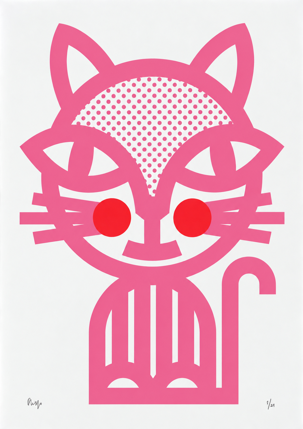 Pink Cat by PLUMO, vertical A3 hand-pulled screenprint featuring a graphic black cat with dotted details and bright red cheeks, bold wall art for modern home decor.
