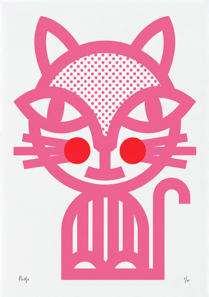 Pink Cat by PLUMO, vertical A3 hand-pulled screenprint featuring a graphic black cat with dotted details and bright red cheeks, bold wall art for modern home decor.