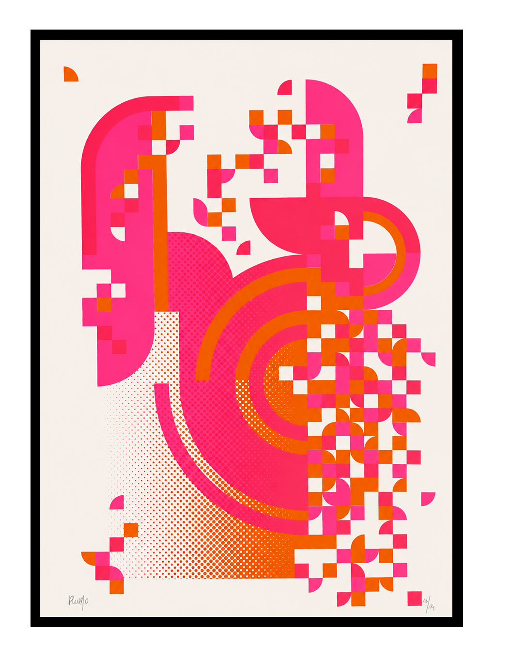 Pixel Drift 3 by PLUMO, handmade abstract screenprint in pink and orange with geometric pixel shapes, curved forms, and contemporary graphic design composition on white background.