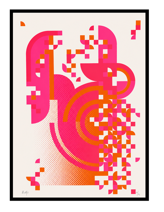 Pixel Drift 3 by PLUMO, handmade abstract screenprint in pink and orange with geometric pixel shapes, curved forms, and contemporary graphic design composition on white background.