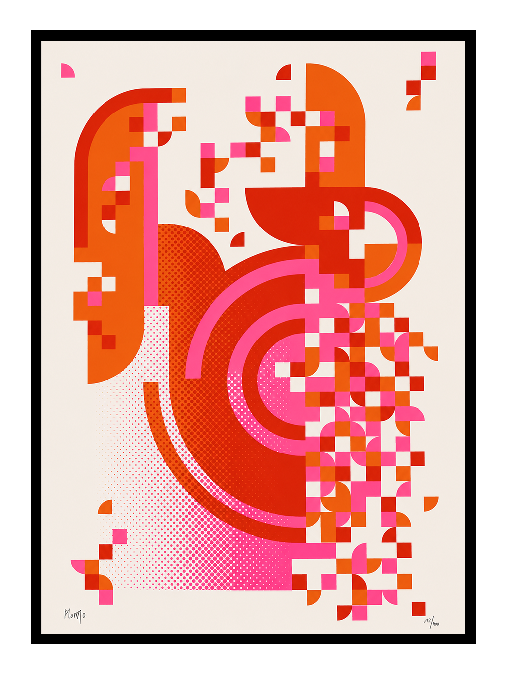 Pixel Drift 1 handmade geometric screenprint by PLUMO with bold orange, red, and pink abstract shapes, pixel-style patterns, and curved graphic elements on a soft neutral background.