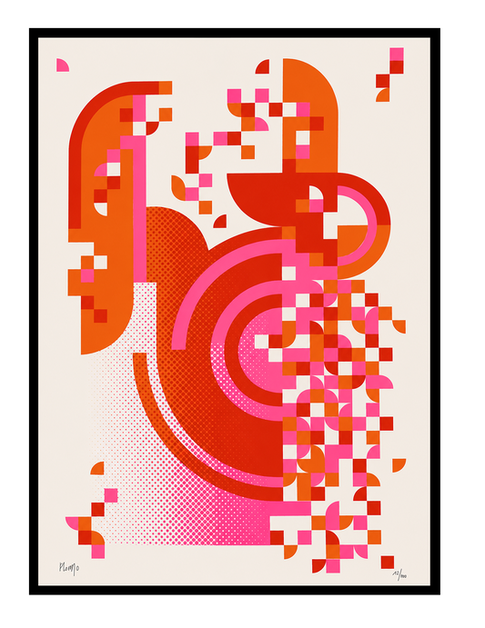 Pixel Drift 1 handmade geometric screenprint by PLUMO with bold orange, red, and pink abstract shapes, pixel-style patterns, and curved graphic elements on a soft neutral background.