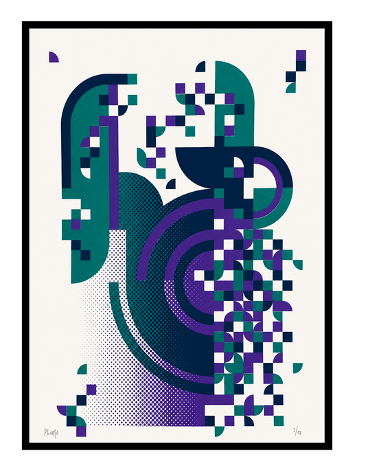Abstract geometric handmade screenprint in teal, navy blue, and purple by PLUMO featuring pixel-inspired shapes, circular forms, and modern graphic patterns on a white background.