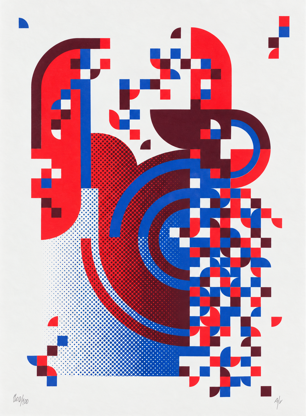 Pixel Drift 4 by PLUMO, vertical A3 hand-pulled screenprint featuring abstract geometric shapes, halftone patterns and pixel-like forms in red, blue, burgundy and white, ideal for modern wall decor.