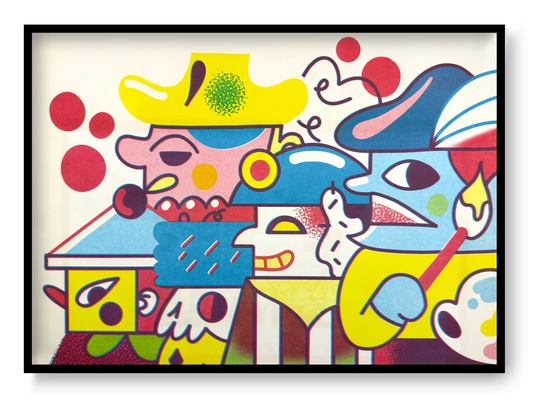 Plaza Parade risograph art print by Auwnanas featuring colorful abstract characters, bold shapes, and layered textures in a playful modern composition, A3 size wall art