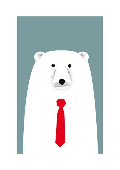 Minimalist polar bear art print wearing a red tie, modern A4 wall decor by Studio Frits, whimsical animal illustration printed on 300g paper – ideal for kids’ rooms or office walls