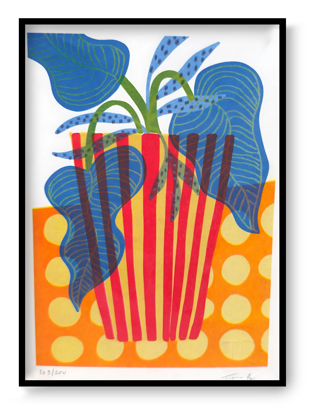 Colourful vertical giclée print by Teresa Rego featuring white flowers in a striped aubergine-shaped pot, with bold pink, red and green patterns for modern wall decor.