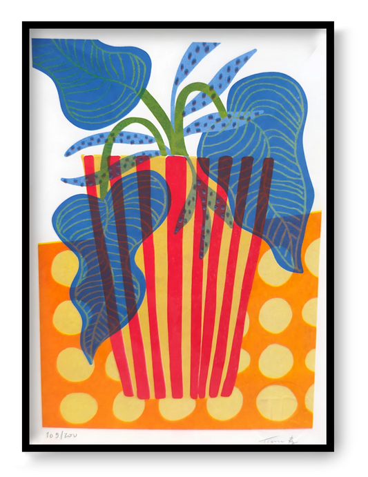 Colourful vertical giclée print by Teresa Rego featuring white flowers in a striped aubergine-shaped pot, with bold pink, red and green patterns for modern wall decor.