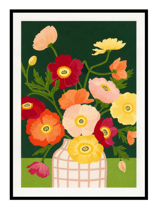 Colorful floral art print “Poppies” by Leens featuring vibrant red, pink, yellow, and orange poppy flowers in a patterned vase against a dark green background. Contemporary botanical wall art print for modern interiors.