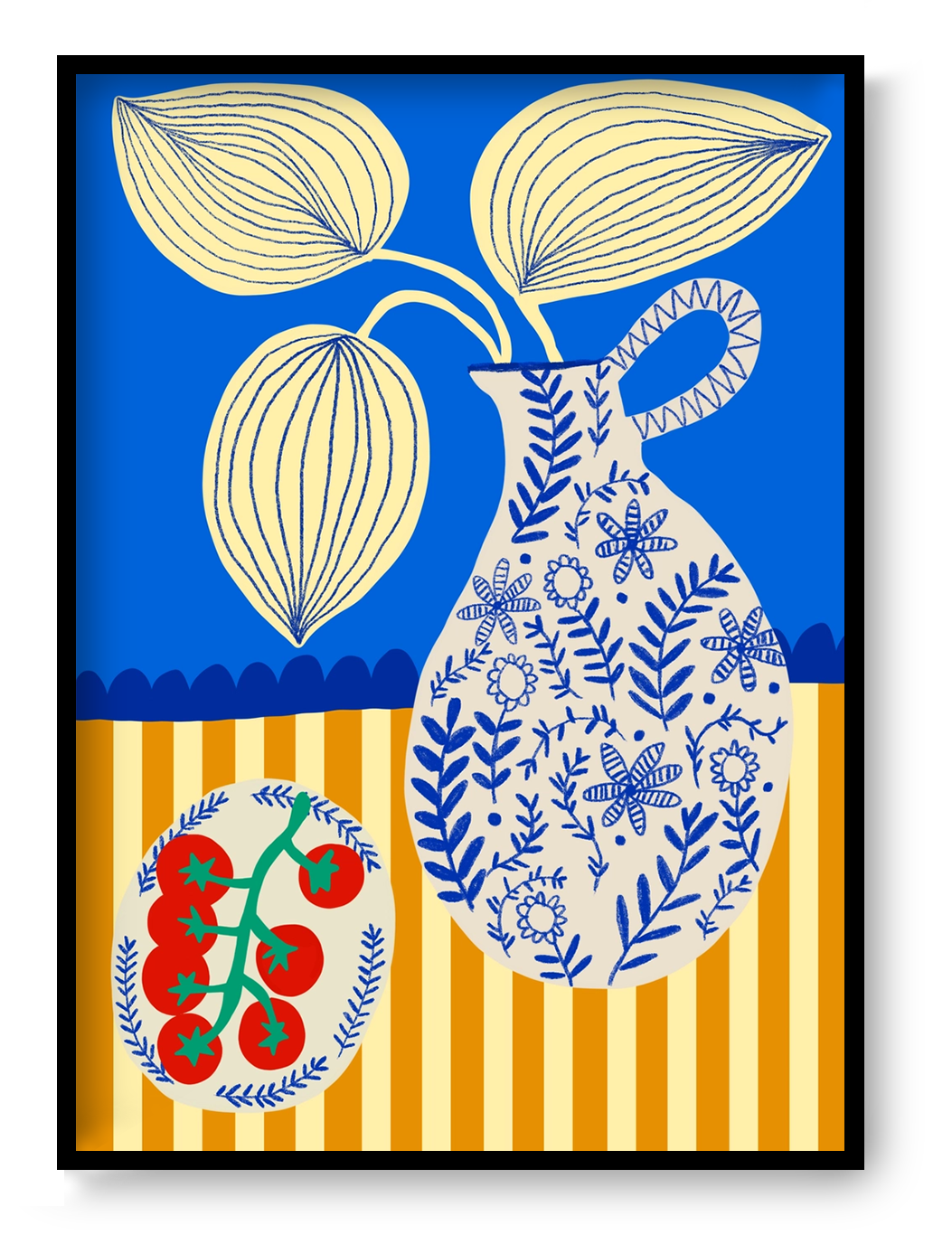 Porcelain and Tomatoes by Teresa Rego, vertical giclée art print featuring red vine tomatoes and a floral porcelain jug in bold blue, cream and orange, ideal for colourful kitchen wall decor.