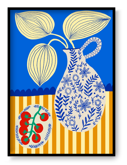 Porcelain and Tomatoes by Teresa Rego, vertical giclée art print featuring red vine tomatoes and a floral porcelain jug in bold blue, cream and orange, ideal for colourful kitchen wall decor.