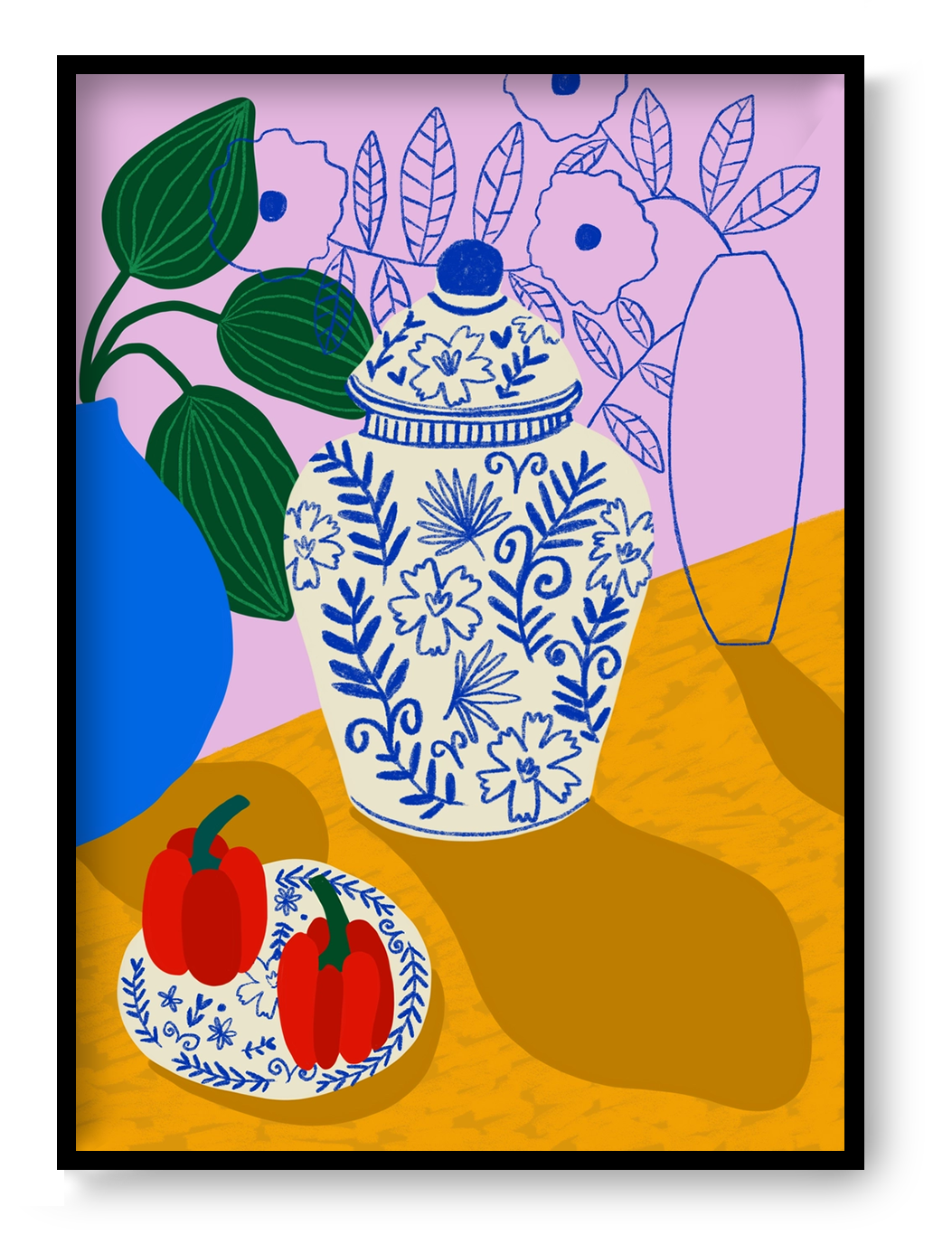 Colourful vertical still life by Teresa Rego featuring blue-and-white porcelain, red peppers and green leaves against pink and mustard tones, printed as an A3 giclée for kitchen or dining room wall art.