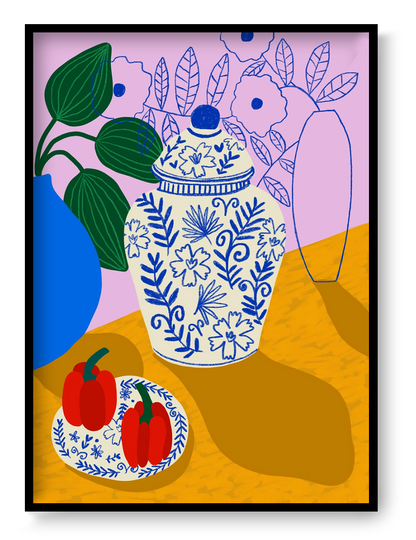 Colourful vertical still life by Teresa Rego featuring blue-and-white porcelain, red peppers and green leaves against pink and mustard tones, printed as an A3 giclée for kitchen or dining room wall art.
