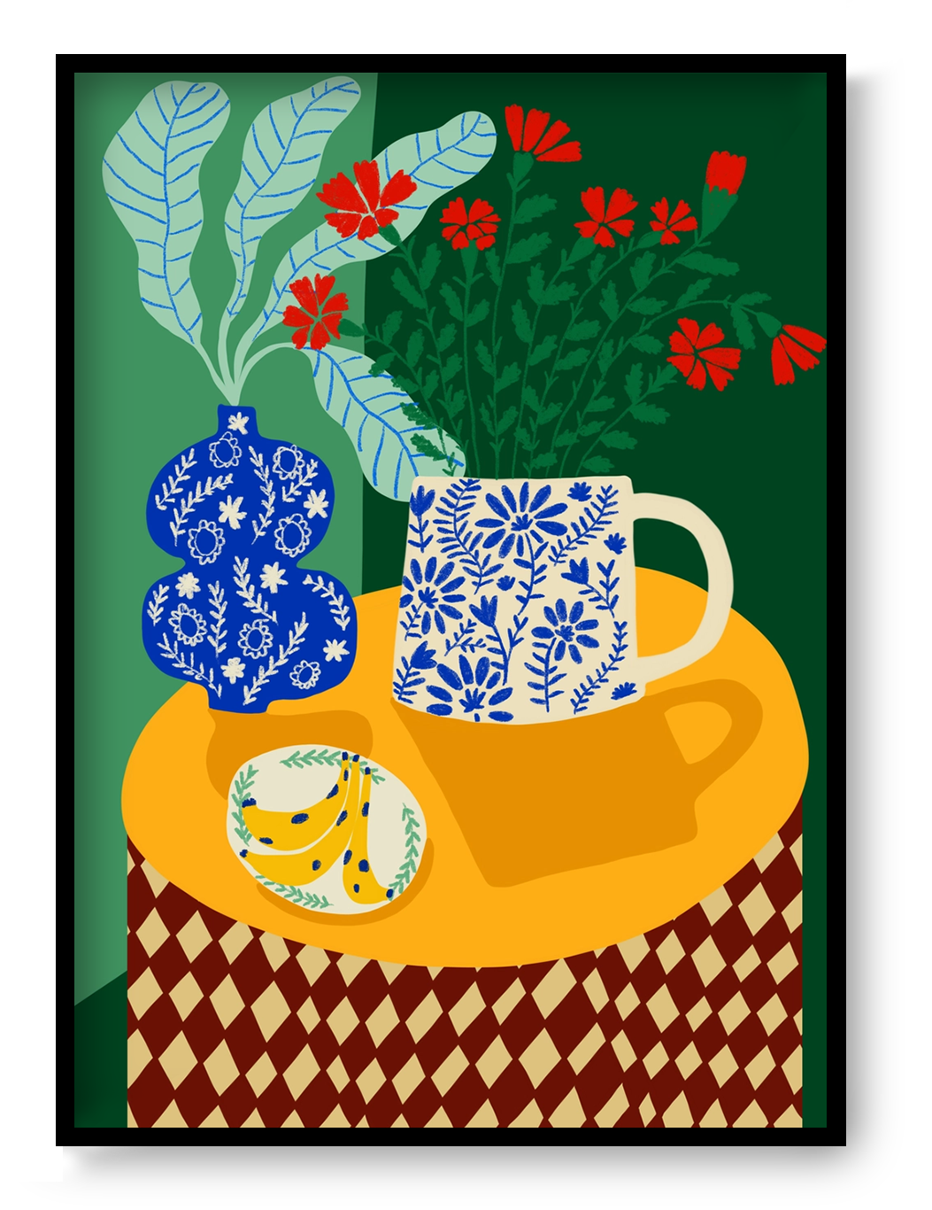 Colourful vertical giclée print by Teresa Rego featuring red carnations, blue patterned porcelain and green foliage in a bold contemporary still life for vibrant home decor.