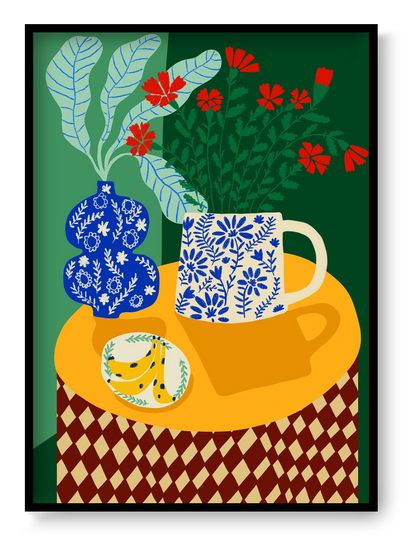 Colourful vertical giclée print by Teresa Rego featuring red carnations, blue patterned porcelain and green foliage in a bold contemporary still life for vibrant home decor.