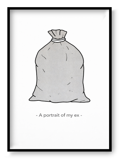 Humorous risograph print by Studio Stoutpoep showing a trash bag with the phrase “A portrait of my ex” in minimalist style – A3 art print made in Belgium, perfect for lovers of dark humor and witty illustration.