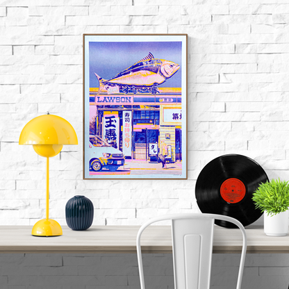 Vibrant risograph print of a Japanese Lawson store with oversized tuna sculpture on top, created by PTRVRKD in CMYK on A3 Biotop paper. Limited edition art print with bold pink, yellow, and blue tones, hand-signed and numbered.