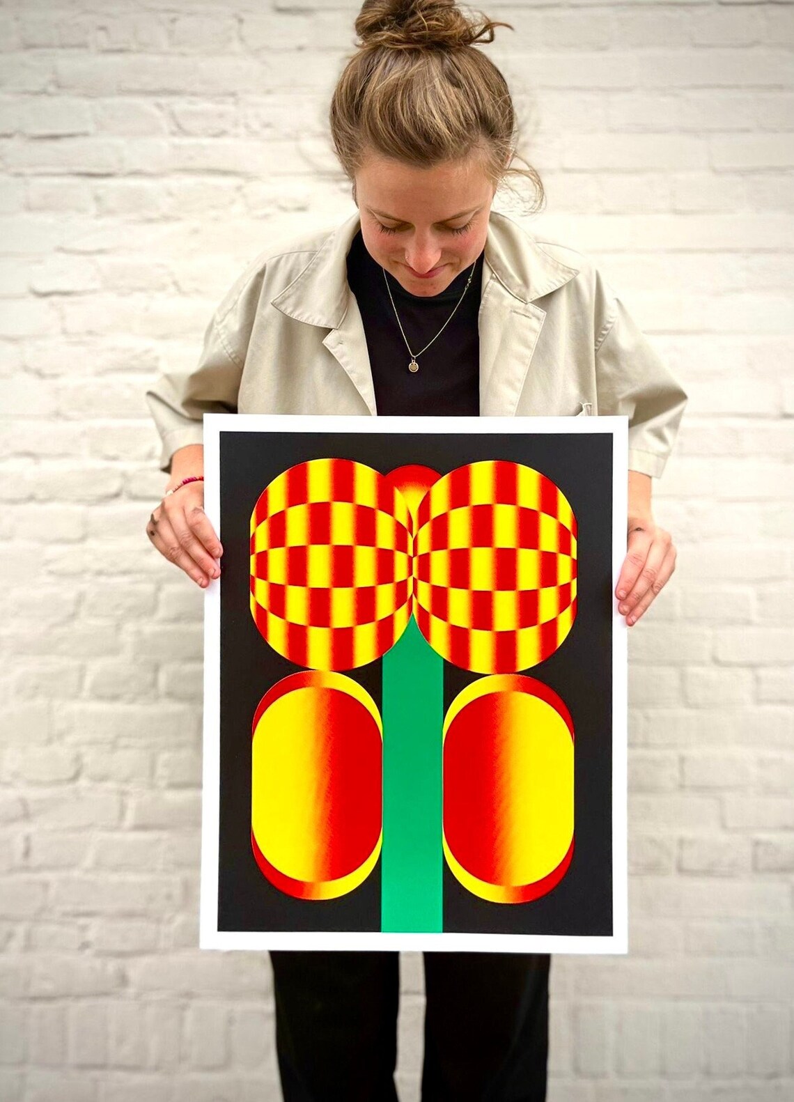 Bold graphic screenprint of a stylized red and yellow flower with geometric shapes on a black background – popping flower by PTRVRKD, 40 x 50 cm limited edition art print made in the Netherlands.