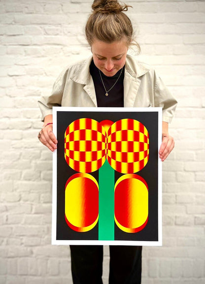 Bold graphic screenprint of a stylized red and yellow flower with geometric shapes on a black background – popping flower by PTRVRKD, 40 x 50 cm limited edition art print made in the Netherlands.
