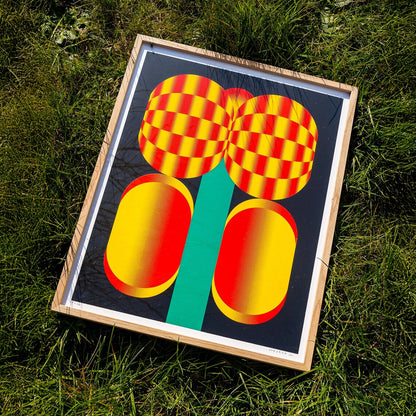 Bold graphic screenprint of a stylized red and yellow flower with geometric shapes on a black background – popping flower by PTRVRKD, 40 x 50 cm limited edition art print made in the Netherlands.
