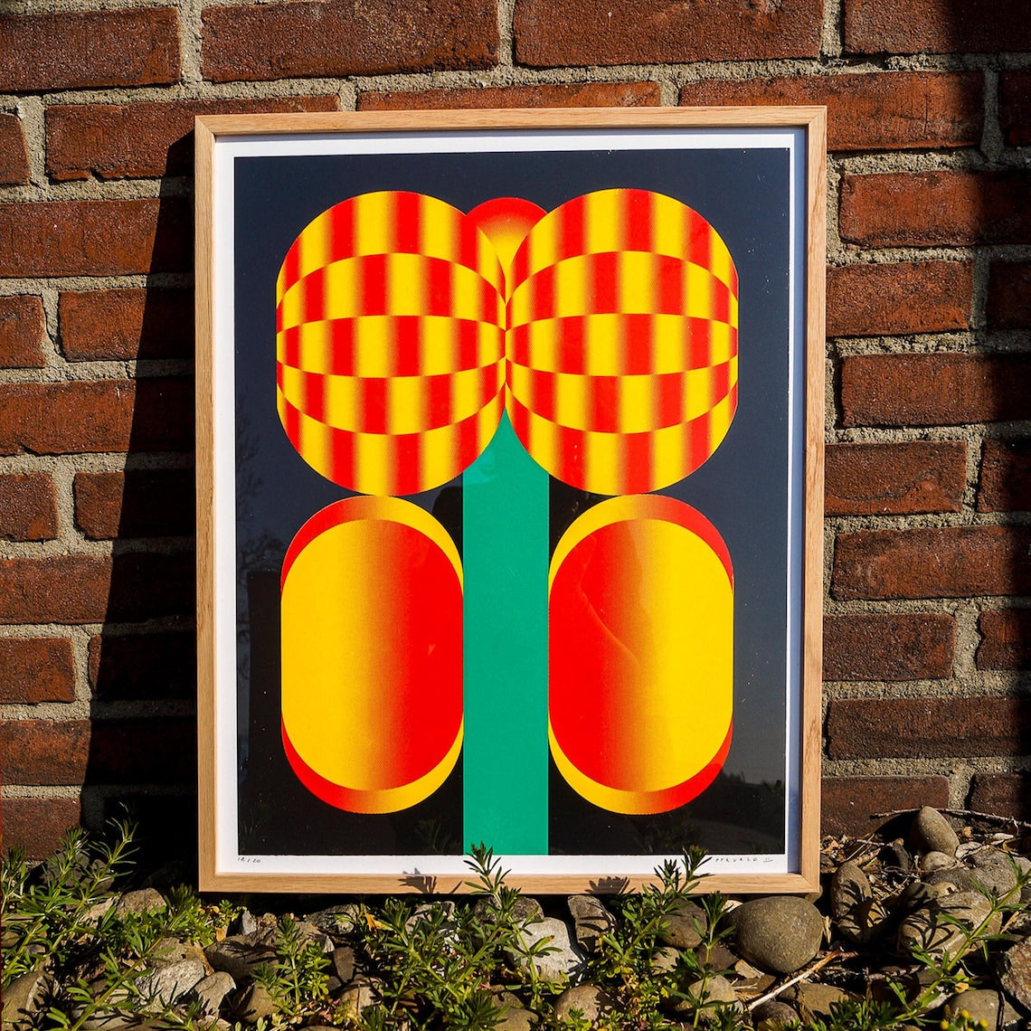 Bold graphic screenprint of a stylized red and yellow flower with geometric shapes on a black background – popping flower by PTRVRKD, 40 x 50 cm limited edition art print made in the Netherlands.