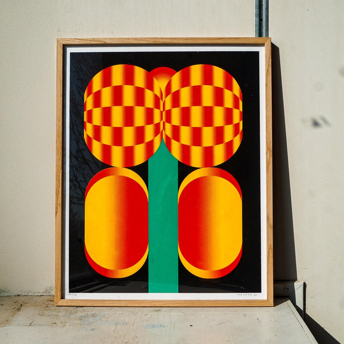Bold graphic screenprint of a stylized red and yellow flower with geometric shapes on a black background – popping flower by PTRVRKD, 40 x 50 cm limited edition art print made in the Netherlands.
