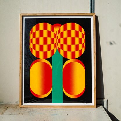 Bold graphic screenprint of a stylized red and yellow flower with geometric shapes on a black background – popping flower by PTRVRKD, 40 x 50 cm limited edition art print made in the Netherlands.