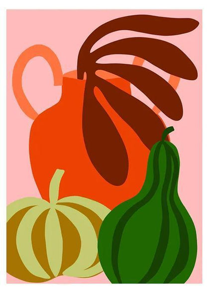 Colorful still life illustration of green pumpkin, orange jug, and gourd by Teresa Rego – modern A3 art print on 300g Munken paper, perfect for kitchen or home decor