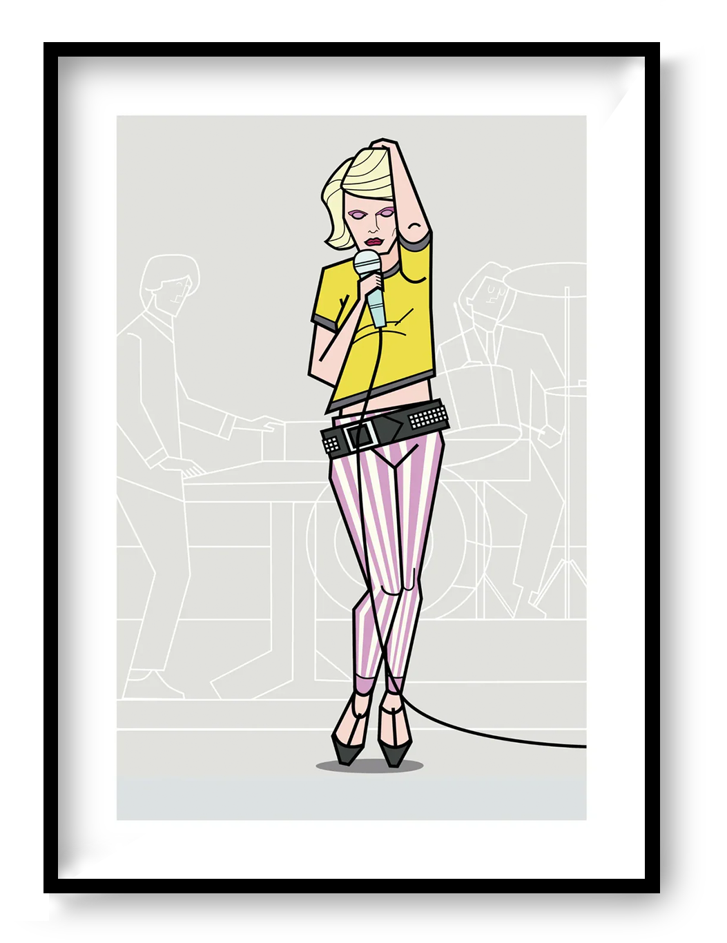 The Queen of Punk A3 art print by Floor 4 Productions featuring a stylised punk singer on stage with bold graphic lines, vibrant colours, and music-inspired illustration style.
