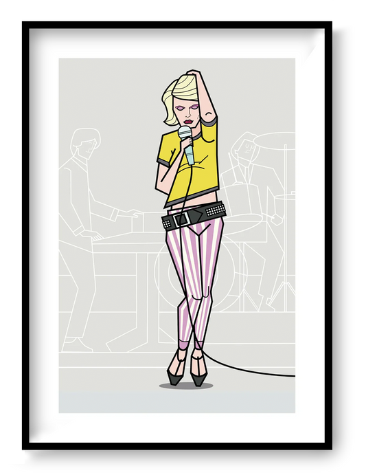 The Queen of Punk A3 art print by Floor 4 Productions featuring a stylised punk singer on stage with bold graphic lines, vibrant colours, and music-inspired illustration style.