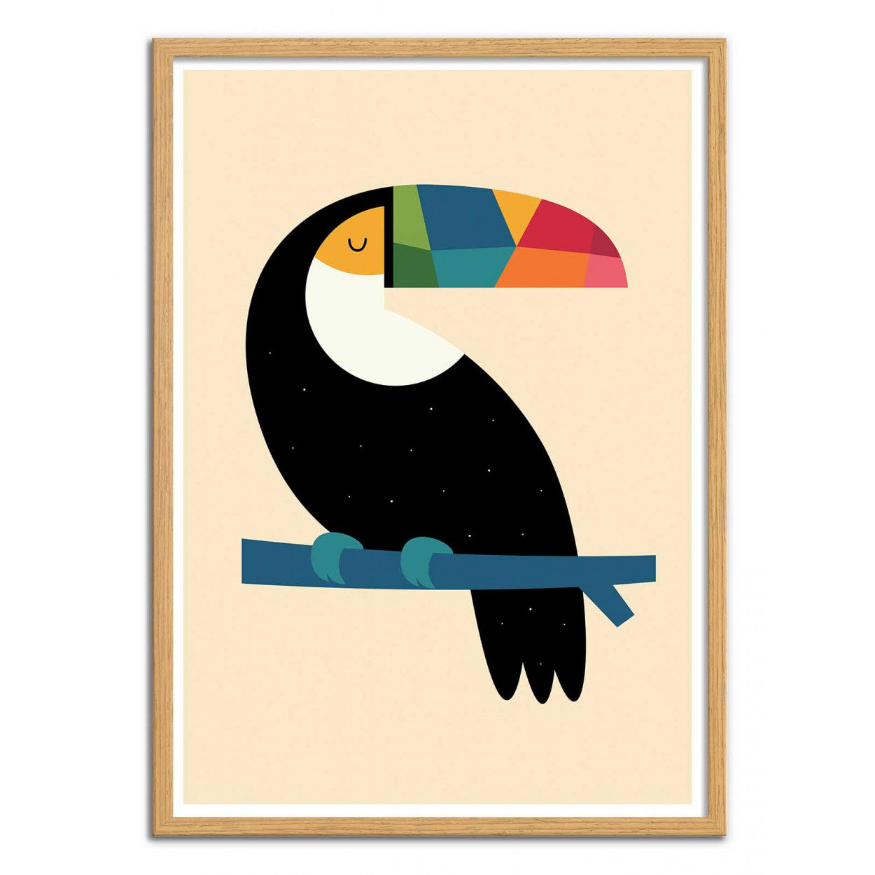 Rainbow Toucan by Andy Westface – 30x40 cm art print of a toucan with a multicolored beak and starry black feathers, perched on a blue branch. Minimalist and playful wall art, ideal for children’s bedrooms and modern interiors.