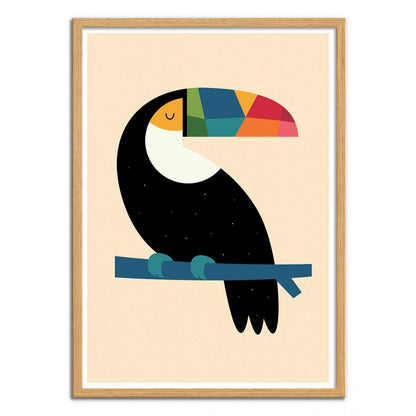 Rainbow Toucan by Andy Westface – 30x40 cm art print of a toucan with a multicolored beak and starry black feathers, perched on a blue branch. Minimalist and playful wall art, ideal for children’s bedrooms and modern interiors.