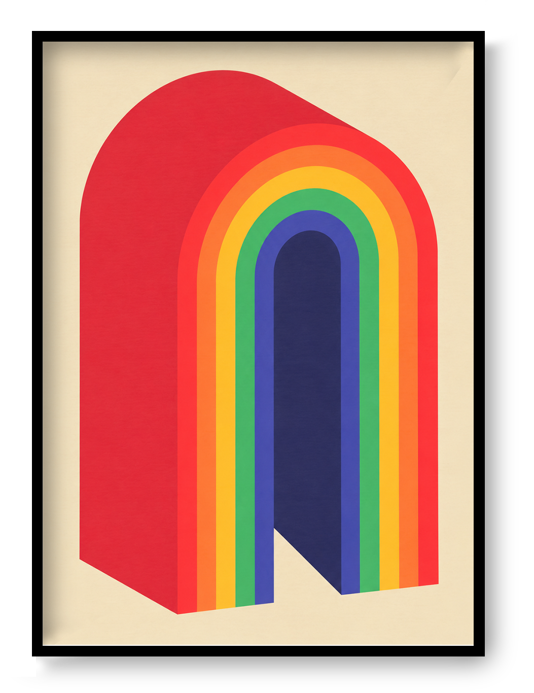 Rainbow by PTRVRKD, a vertical A4 risograph print featuring layered geometric arches in red, orange, yellow, green, blue and indigo on a cream background. Retro-inspired wall art for modern interiors.