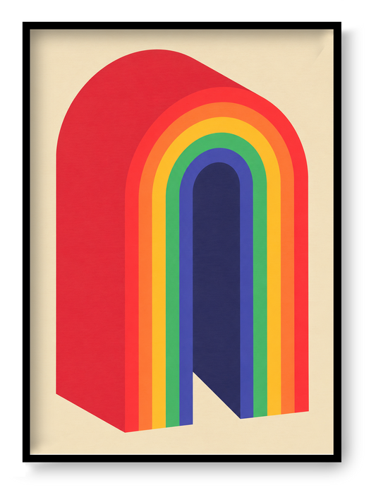 Rainbow by PTRVRKD, a vertical A4 risograph print featuring layered geometric arches in red, orange, yellow, green, blue and indigo on a cream background. Retro-inspired wall art for modern interiors.