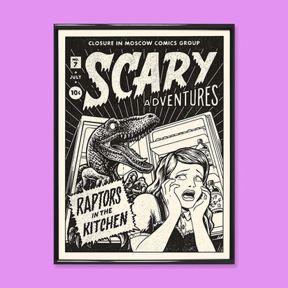 Raptor art print by Yeaaah! Studio featuring retro black-and-white comic cover design with a terrified woman, an open fridge, and a velociraptor inside. Includes text “Raptors in the Kitchen,” printed on 30x40 cm Old Mill Premium White 300g paper, digital print, unframed, made in France.