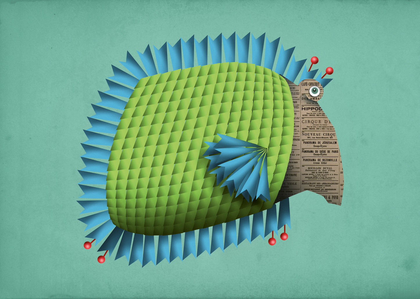 "Edith la Poissonne" art print by Studio Frits – whimsical digital illustration of a stylized green fish with blue spines, newspaper-textured face, and red accents, perfect for modern interiors, kids' decor, and lovers of quirky aquatic art, available at Galerie Frits