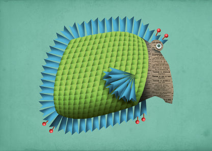 "Edith la Poissonne" art print by Studio Frits – whimsical digital illustration of a stylized green fish with blue spines, newspaper-textured face, and red accents, perfect for modern interiors, kids' decor, and lovers of quirky aquatic art, available at Galerie Frits