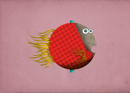 Playful digital illustration of a quirky red fish with yellow fins on a pink background – Manuel Pescado by Studio Frits, 21 x 29.7 cm Belgian art print.