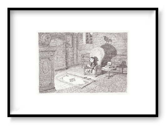 Atmospheric gothic illustration by Willy Leung featuring a solitary girl seated in a shadowy interior with a raven perched behind her, rendered in detailed graphite pencil textures as a 30 x 40 cm giclée art print.