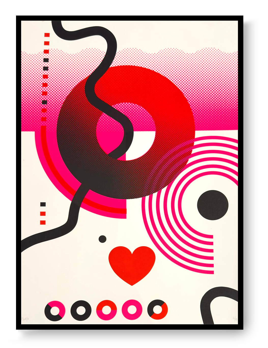 Limited edition Circles & Hearts screen print by PLUMO, 50x70 cm hand-pulled silkscreen on 300g art paper featuring bold geometric circles, halftone gradients, flowing black lines and heart motif in vibrant red, pink and blue colour variations, modern contemporary wall art for design interiors in Belgium and Europe.