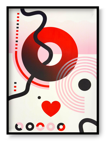 Limited edition Circles & Hearts screen print by PLUMO, 50x70 cm hand-pulled silkscreen on 300g art paper featuring bold geometric circles, halftone gradients, flowing black lines and heart motif in vibrant red, pink and blue colour variations, modern contemporary wall art for design interiors in Belgium and Europe.