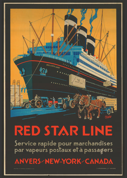Portrait digital art print of the SS Belgenland in a vintage Art Deco Red Star Line poster, featuring black, ochre, turquoise and red tones as bold maritime wall decor.