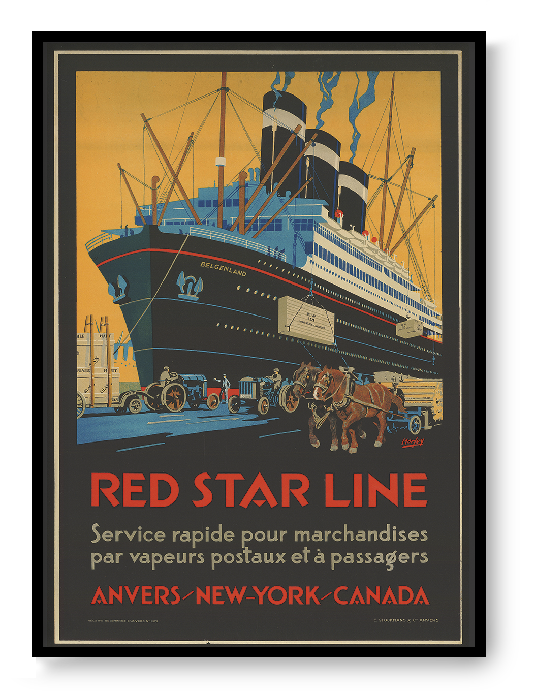 Portrait digital art print of the SS Belgenland in a vintage Art Deco Red Star Line poster, featuring black, ochre, turquoise and red tones as bold maritime wall decor.