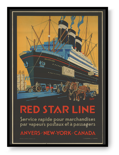 Portrait digital art print of the SS Belgenland in a vintage Art Deco Red Star Line poster, featuring black, ochre, turquoise and red tones as bold maritime wall decor.
