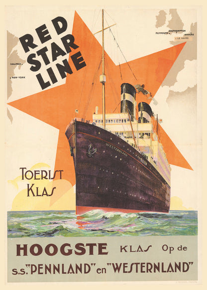 Vintage Red Star Line travel poster featuring the steamship Westernland against a large orange star, printed in portrait format as maritime wall art for classic and eclectic interiors.